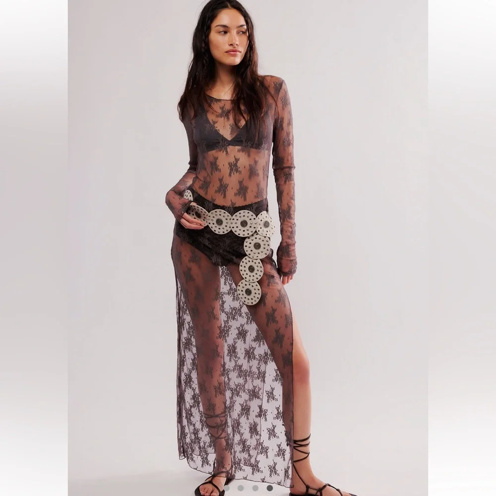 Free People Lux Maxi Slip Dress Mesh Lace Dark Grey Size M NWOT - Picture 1 of 11